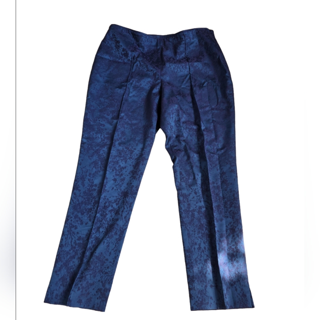 Doncaster Collection Blue Formal Pants Puple Embossed Floral Pattern Sz 12 Euc
